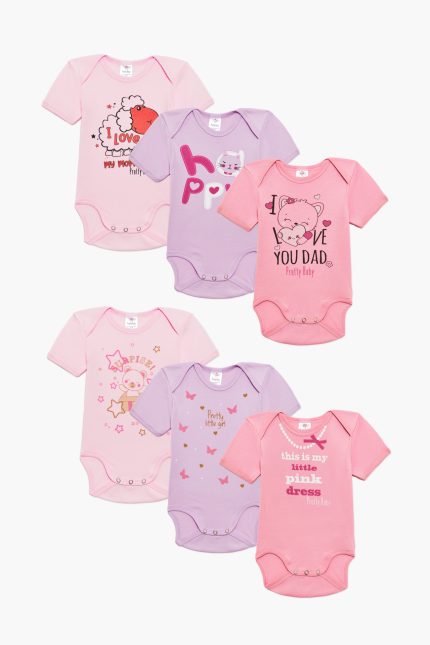 Βρεφικά Εσώρουχα Κορμάκια για Κορίτσι 6τμχ Dress Ροζ Κοντό Μανίκι Βαμβακερά 100% - Pretty Baby