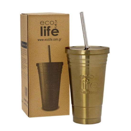 Ποτήρι Θερμός Bronze Thermos Cup 480ml | Ανοξείδωτο Καλαμάκι - Ecolife