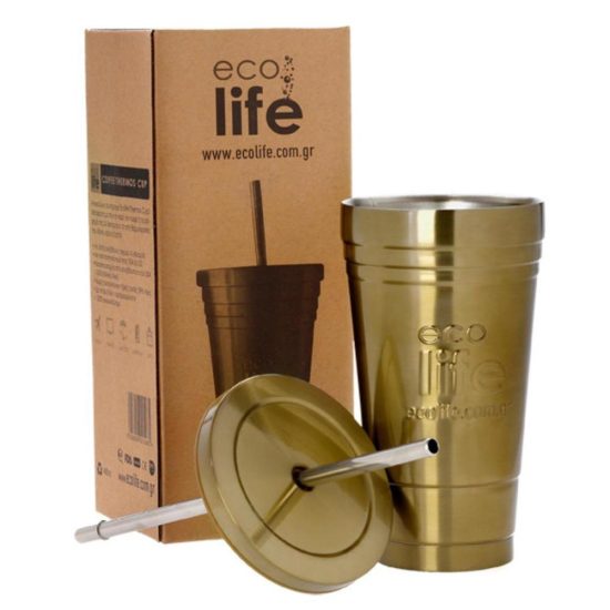 Ποτήρι Θερμός Bronze Thermos Cup 480ml | Ανοξείδωτο Καλαμάκι - Ecolife