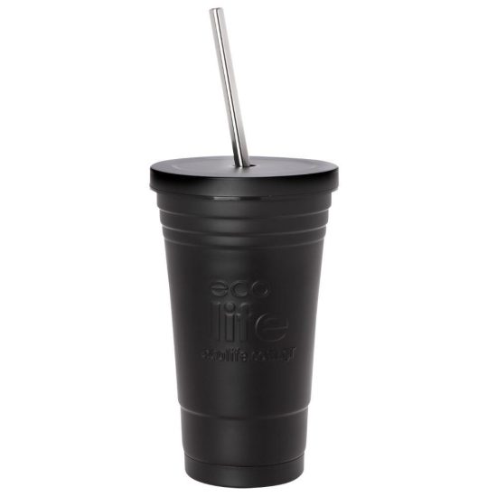 Ποτήρι Θερμός Black Thermos Cup 480ml | Ανοξείδωτο Καλαμάκι 5208009001652 - Ecolife