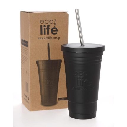 Ποτήρι Θερμός Black Thermos Cup 480ml | Ανοξείδωτο Καλαμάκι - Ecolife