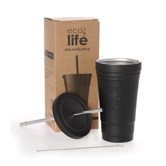 Ποτήρι Θερμός Black Thermos Cup 480ml | Ανοξείδωτο Καλαμάκι - Ecolife