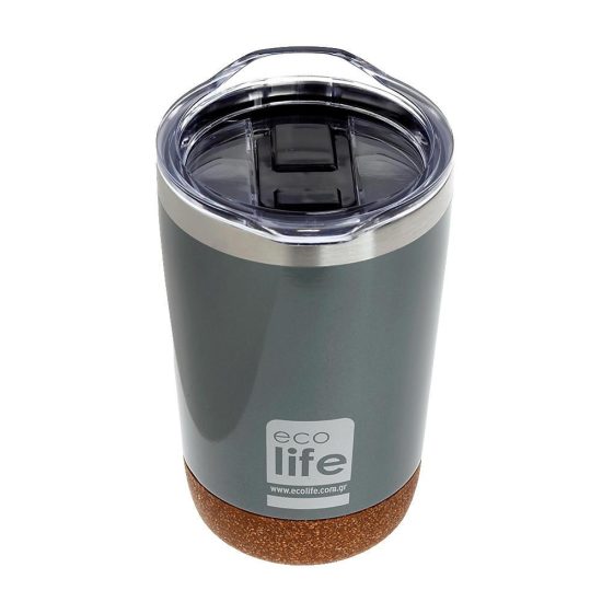 Ποτήρι Θερμός Light Grey (Cork Bottom) Coffee Thermos 370ml | Διαφανές Καπάκι - Ecolife