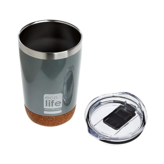 Ποτήρι Θερμός Light Grey (Cork Bottom) Coffee Thermos 370ml | Διαφανές Καπάκι - Ecolife