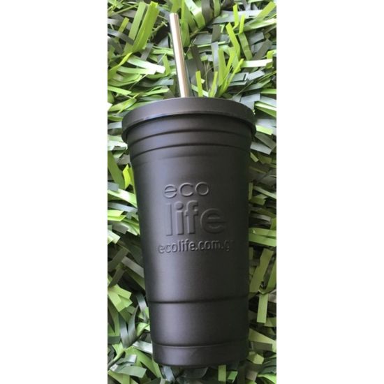 Ποτήρι Θερμός Black Thermos Cup 480ml | Ανοξείδωτο Καλαμάκι - Ecolife