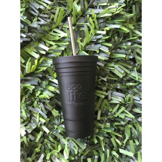 Ποτήρι Θερμός Black Thermos Cup 480ml | Ανοξείδωτο Καλαμάκι - Ecolife