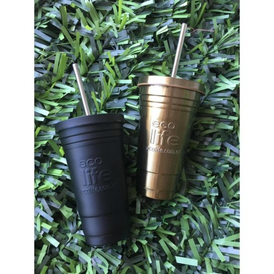 Ποτήρι Θερμός Black Thermos Cup 480ml | Ανοξείδωτο Καλαμάκι 5208009001652 - Ecolife