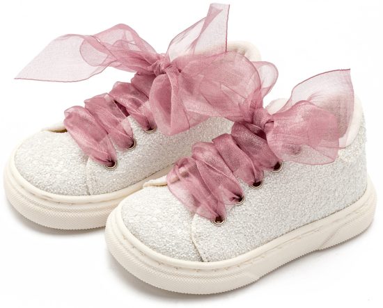 Babywalker Βαπτιστικό Sneaker από Ύφασμα Glitter με Κορδέλα EXC5871 Λευκό Ροζ Αντικέ