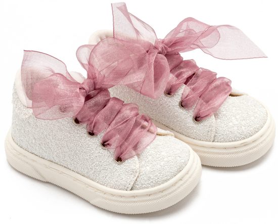 Babywalker Βαπτιστικό Sneaker από Ύφασμα Glitter με Κορδέλα EXC5871 Λευκό Ροζ Αντικέ