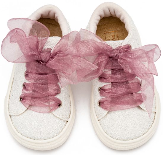 Babywalker Βαπτιστικό Sneaker από Ύφασμα Glitter με Κορδέλα EXC5871 Λευκό Ροζ Αντικέ