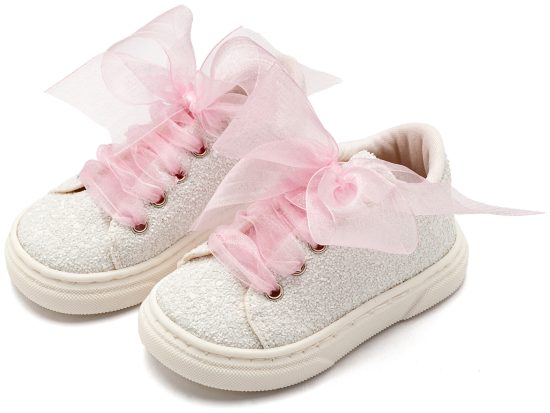 Babywalker Βαπτιστικό Sneaker από Ύφασμα Glitter με Κορδέλα EXC5871 Λευκό Ροζ