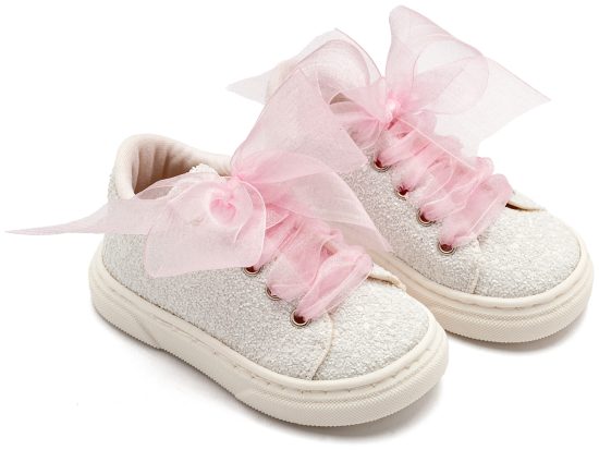 Babywalker Βαπτιστικό Sneaker από Ύφασμα Glitter με Κορδέλα EXC5871 Λευκό Ροζ