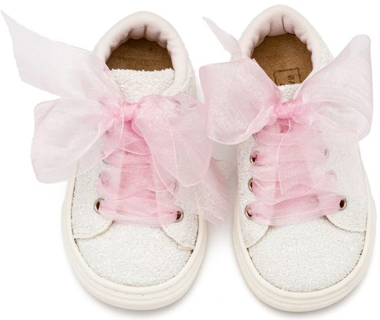 Babywalker Βαπτιστικό Sneaker από Ύφασμα Glitter με Κορδέλα EXC5871 Λευκό Ροζ