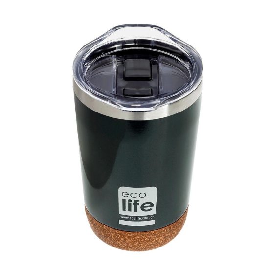 Ποτήρι Θερμός Dark Green (Cork Bottom) Coffee Thermos 370ml | Διαφανές Καπάκι 5208009001911 - Ecolife